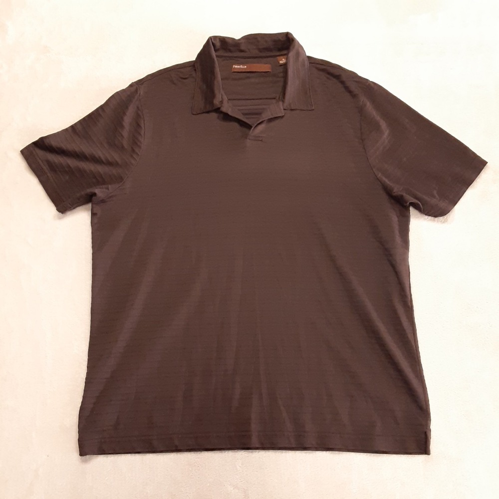 Perry Ellis Mens Vented Solid Striped Polo XL Brown SS Cotton Blend